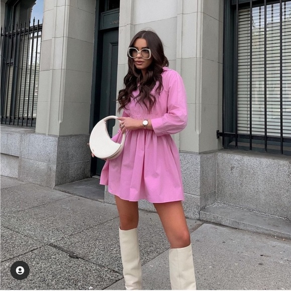 Zara collard v neck pink mini dress — smocked waist long sleeves skater dress - Picture 3 of 15